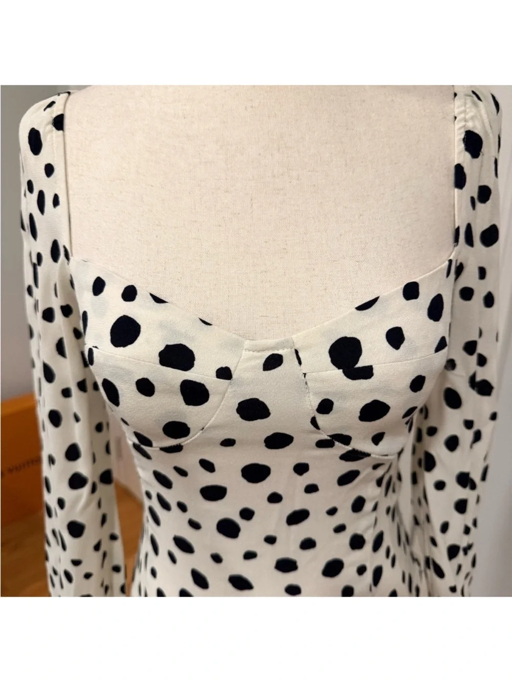 Reformation White and Black Spotted Square-Neck Long Sleeve Top